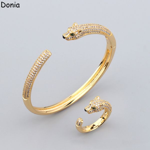 

donia jewelry luxury open bangle european and american fashion exaggerated classic green eye leopard inlaid zircon bracelet ring set designe, Black
