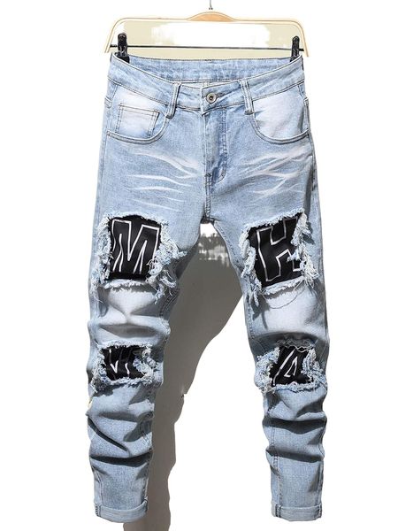 

men letter graphic patched jeans s0tt#, Blue