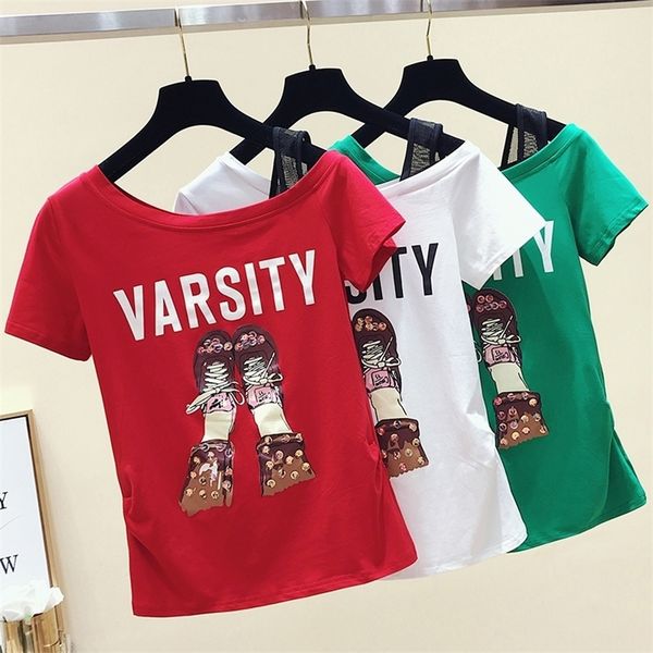 Gkfnmt Kurzarm Skew Kragen Weiß T Shirt Frauen Top Baumwolle Sexy Sommer Weibliche Grün Rot T-shirt Frauen T Shirt femme T200512