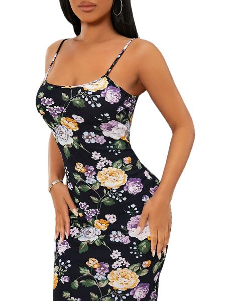 

floral print slit hem bodycon dress d7ib#, Black;gray