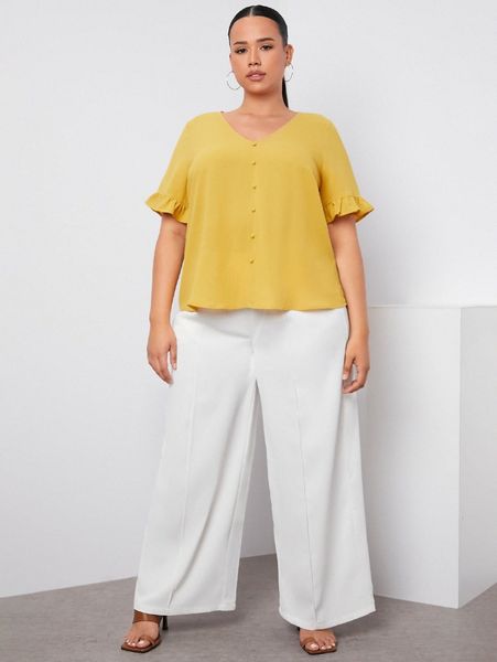 

plus flounce sleeve button detail blouse p6bf#, Black