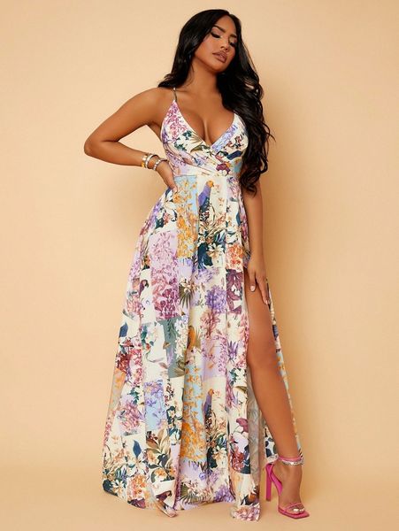 

patchwork floral print cross wrap twist backless dress l0ba#, Black;gray