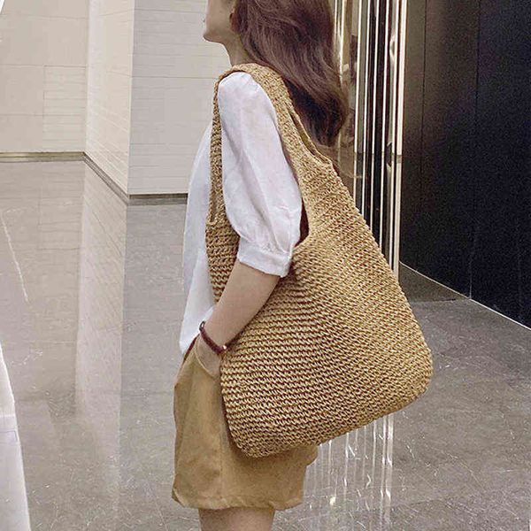 

handmade straw women shoulder bags wikcer woven tote handbag large capacity casual rattan beach shopper bag grocery shopping bag g220526