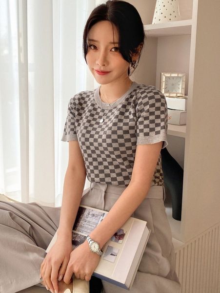 

dazy checker pattern knit d85g#, White;black