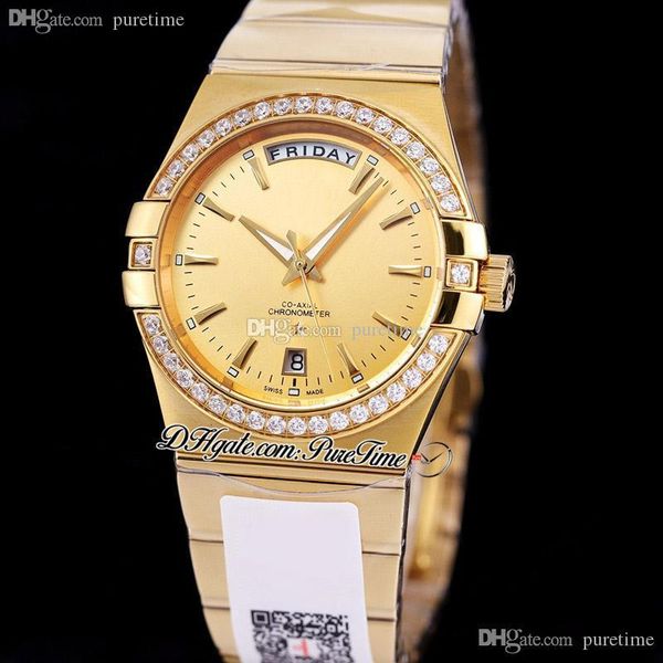 

38mm classic day-date a8500 automatic mens watch 18k yellow gold diamonds bezel champagne dial stick stainless steel bracelet 123.20.38.22.0, Slivery;brown