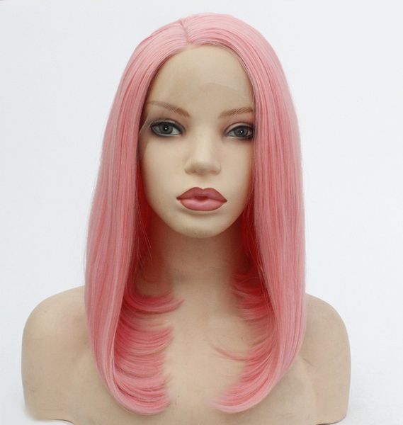 Novo Sexy Médio Médio Longo Pink Bob Lace Frontente Madeira Handmade Feminina Figs de Cabelo