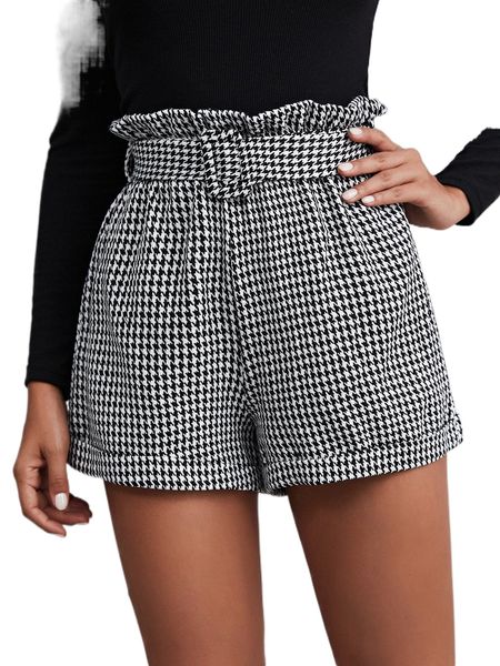 

paperbag waist houndstooth cuffed shorts e1y9#, White;black