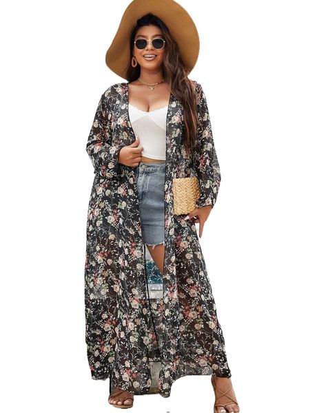 

plus floral print open front kimono w4nh#, Black;gray