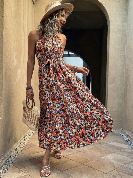 

allover floral print ruffle hem belted halter dress a41i#, Black;gray