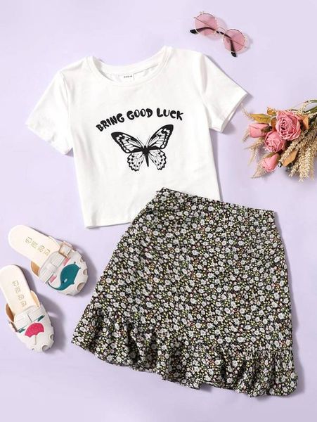 

girls butterfly & slogan graphic tee & ditsy floral ruffle hem skirt she, White