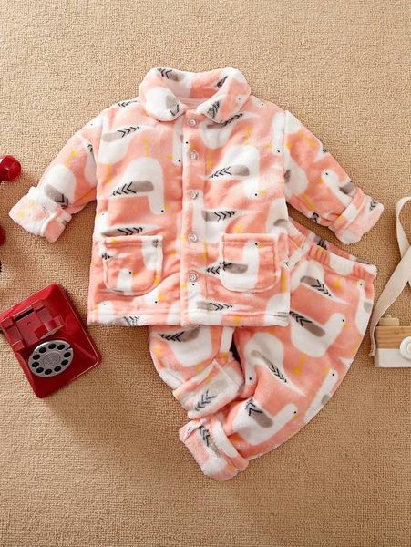 

yierying toddler girls bird pattern pocket front flannel & pants she, White