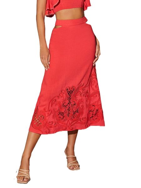 

scroll embroidery hollow out skirt j92f#, Black