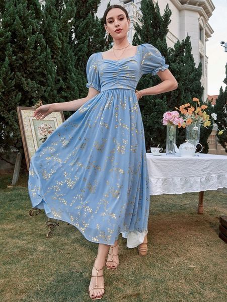 

ditsy floral print sweetheart neck puff sleeve ruched dress 62ws#, Black;gray