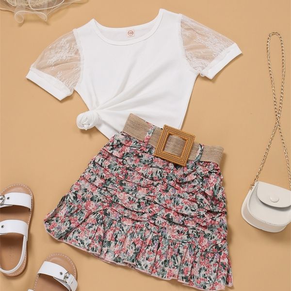 

little girl lace stitched t-shirt and allover printed ruffle belt skirt she, White