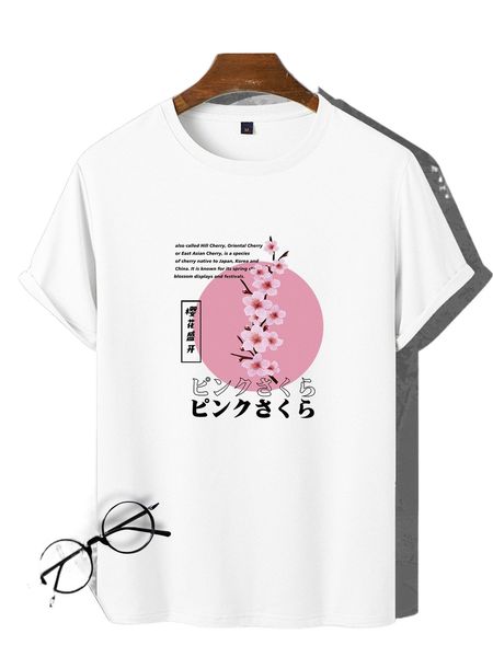 

men floral & japanese letter graphic tee e0ze#, White;black