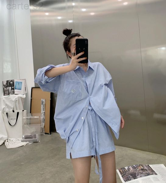 

two piece dress designer 22 spring and summer new style niche fashion brand pocket small embroidery stripe simple loose shirt wide leg elast, White