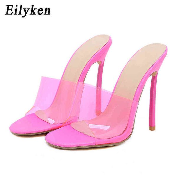 Eilyken PVC Mulheres transparentes Slippers Strappy Mule Heels High Sandals Flip Flip Slides Party Shoes Woman