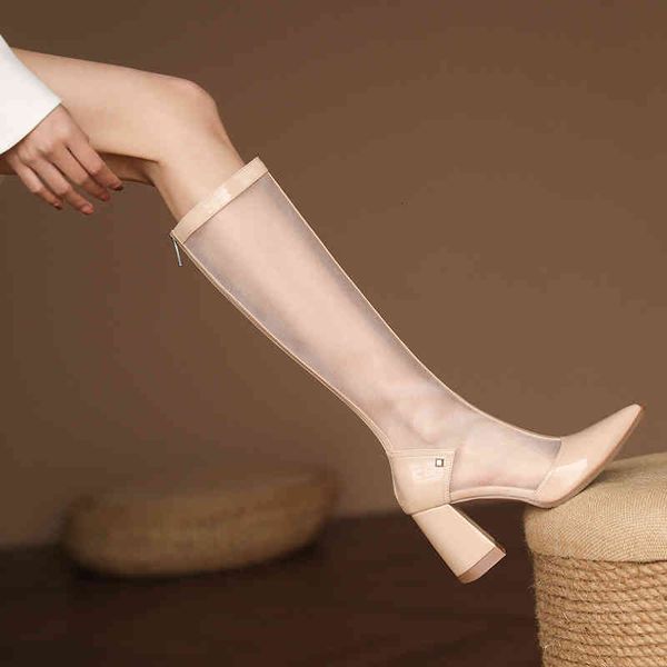 

boots pointed thick heel hollowed out long boots spring mesh high heels children's summer barrel martin women's thin style ttuu, Black