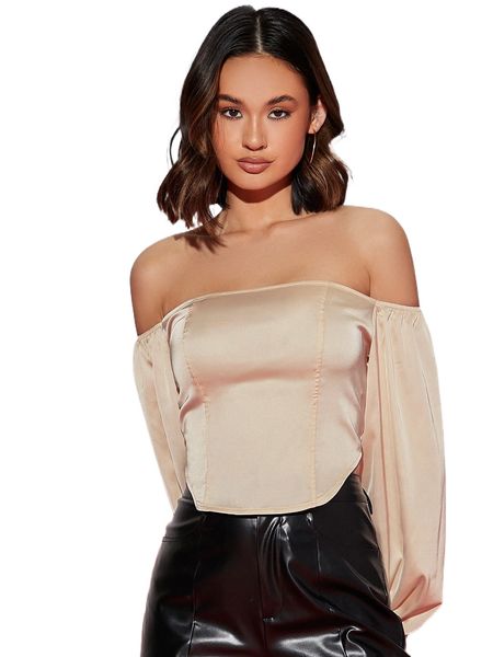 

club square neck bishop sleeve satin l0ec#, White