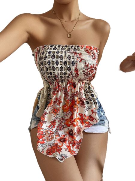 

floral print shirred asymmetrical hem tube i4eu#, White