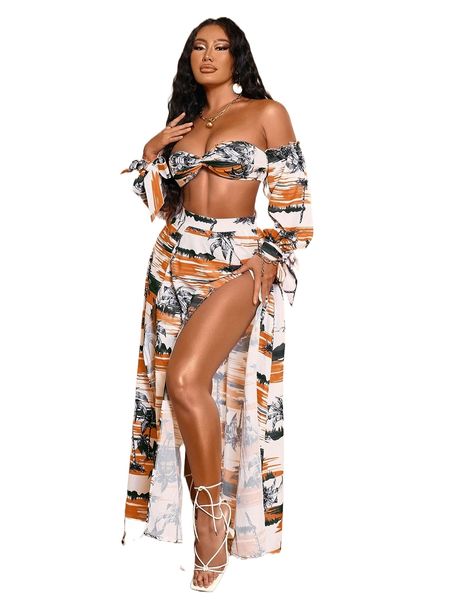 

glamaker tropical print twist front crop & split thigh skirt t5jb#, White