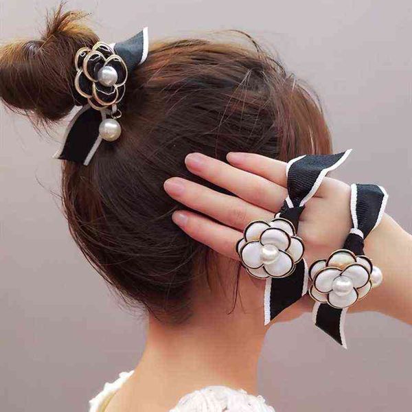 

ribbon camellia ties elastic accessories france rose flower pearl bow rubber band hair ropes wholesale aa220323, Pink