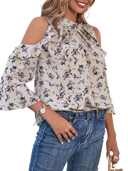 

cold shoulder ditsy floral blouse w33r#, White
