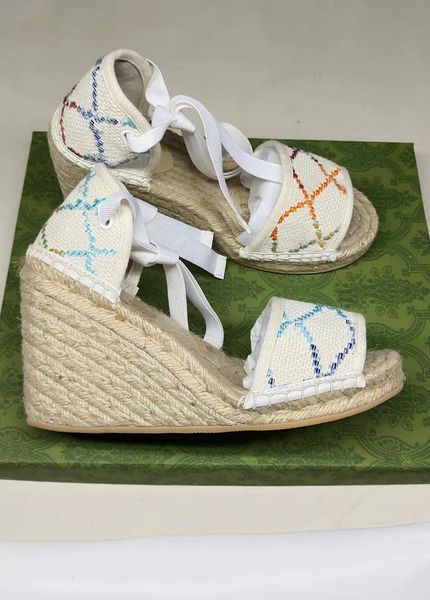 2022 womens colorful platform slippers Canvas covered platform sandals Espadrille wedges with box and dust bags 35-42