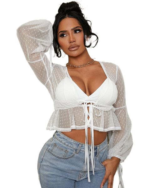 

dobby mesh knot front lantern sleeve peplum crop without bra q2by#, White