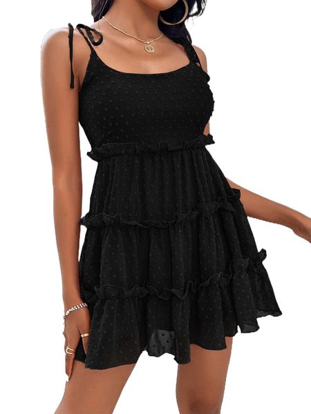 

petite swiss dot shirred layered hem dress u7hb#, Black;gray