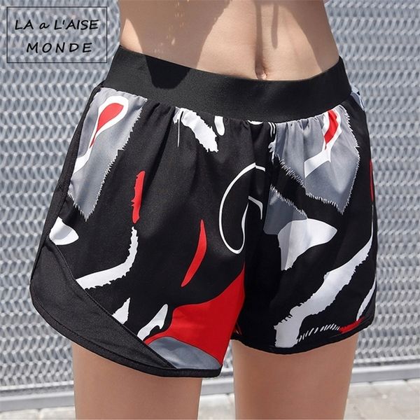 

women's sport short gym yoga shorts women fitness clothing workout printed active wear femme athletic short sport femme t200610, White;black