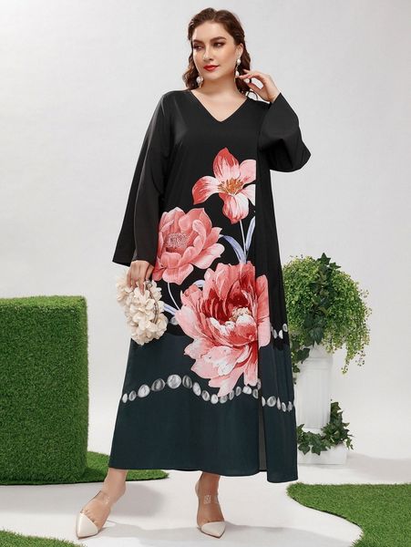 

plus floral print tunic dress 92yc#, Black