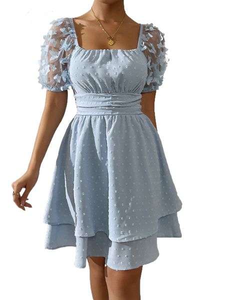 

swiss dot butterfly appliques puff sleeve dress 30xe#, Black;gray