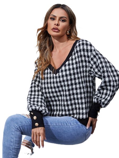 

drop shoulder houndstooth print tee q3jc#, White