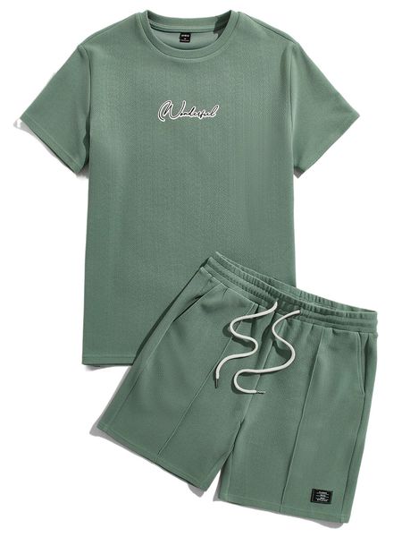 

men letter graphic tee & patched detail drawstring waist shorts u4ax#, Gray