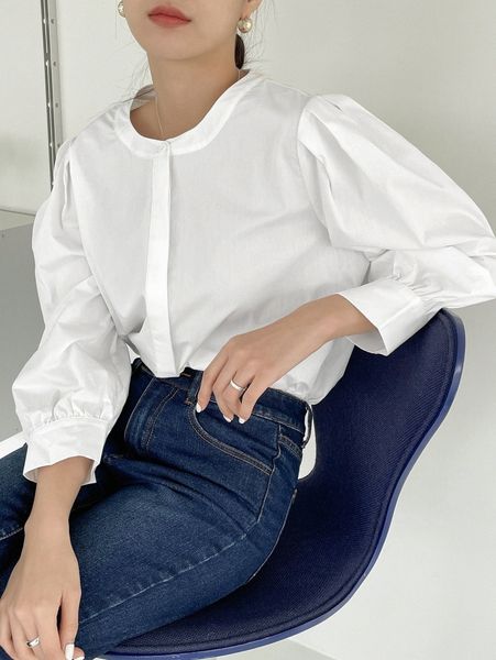 

dazy puff sleeve button blouse j7d8#, White