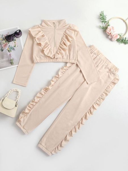 

girls ruffle trim half zip & sweatpants she, White