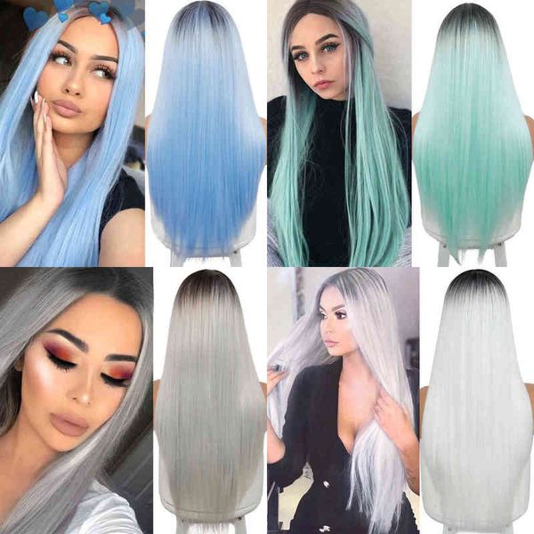 

long straight synthetic mid-point wig mixed dark brown and blonde two-color wigs suitable for black/white women daily/cosplay 220622