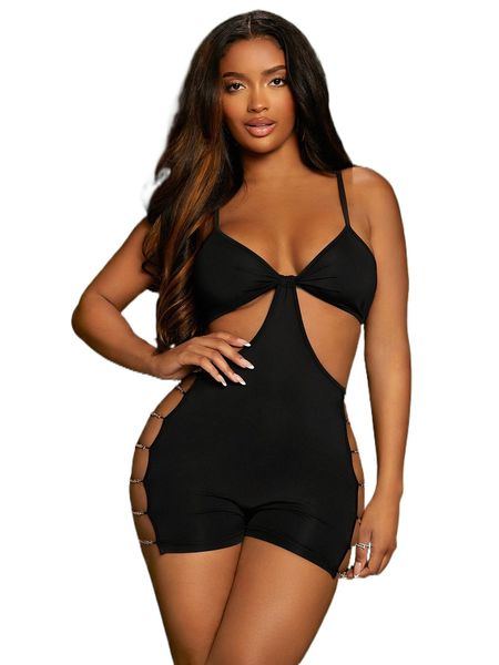 

sxy cut out chain detail unitard romper v1pt#, Black;white