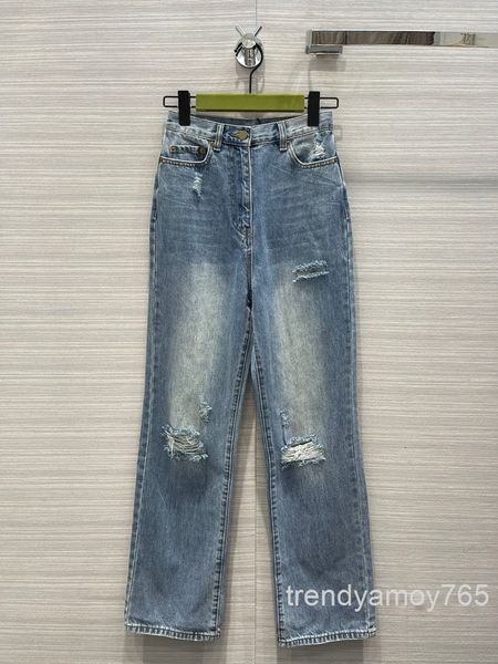 

women's jeans pierced and worn jeans street personalized design sense high waist straight tube floor mop women's spring autumn end, Blue