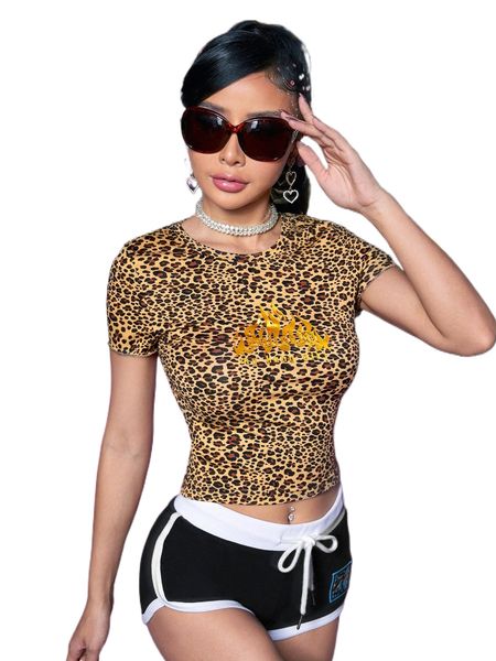 

leopard print slim tee l7uk#, White
