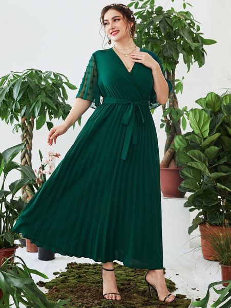 

plus swiss dot mesh butterfly sleeve pleated hem belted dress k1sw#, Black