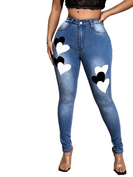 

sxy high waisted heart print skinny jeans p2dz#, Blue