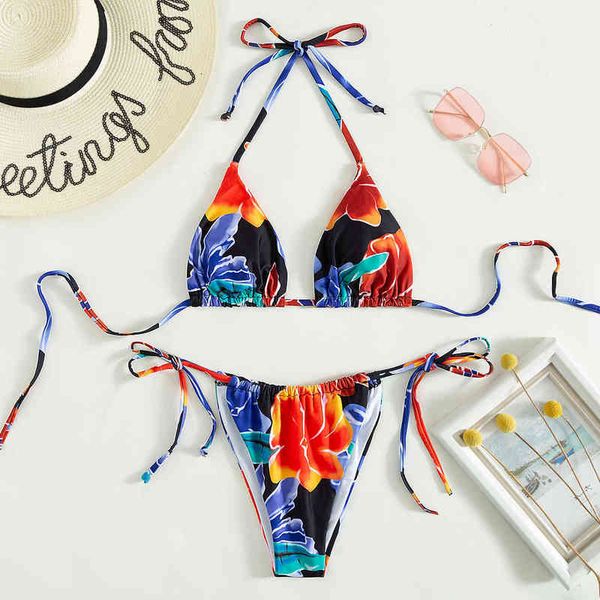

bikini 2022 halter lace up printed split swimsuit, White;black