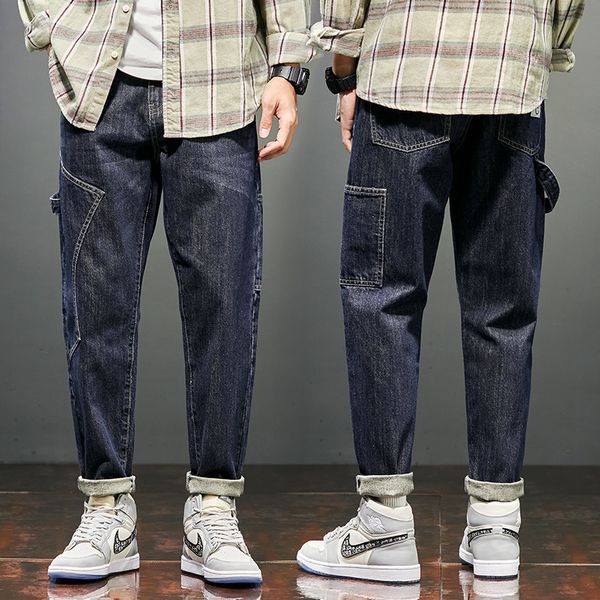 Calças de brim azul escuro dos homens solto ajuste harem calças streetwear denim calças casuais roupas masculinas hip hop cônico cowboys baggy jeans cx220401