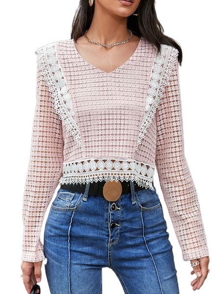 

ruffle trim guipure lace blouse s5om#, White