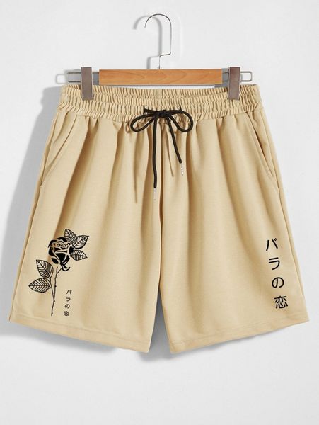 

men floral & japanese letter graphic drawstring waist shorts u5g1#, White;black