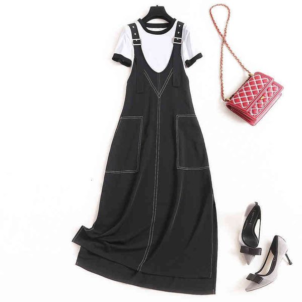 

casual dresses high end big light luxury tail order cutting standard european cow women's summer strap skirt t-shirt, Black;gray