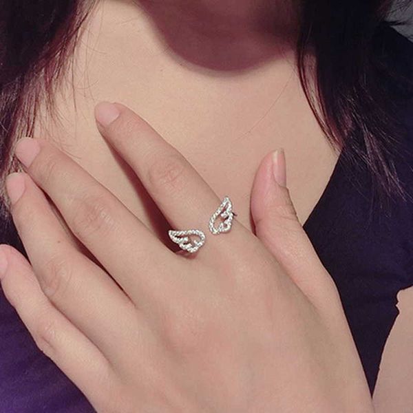 

rings korean style angel wings ring adjustable rhinestone finger for women silver color female party birthday jewelry gift