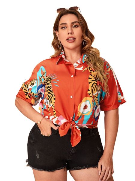 

plus tiger & floral print batwing sleeve blouse e0uf#, Black